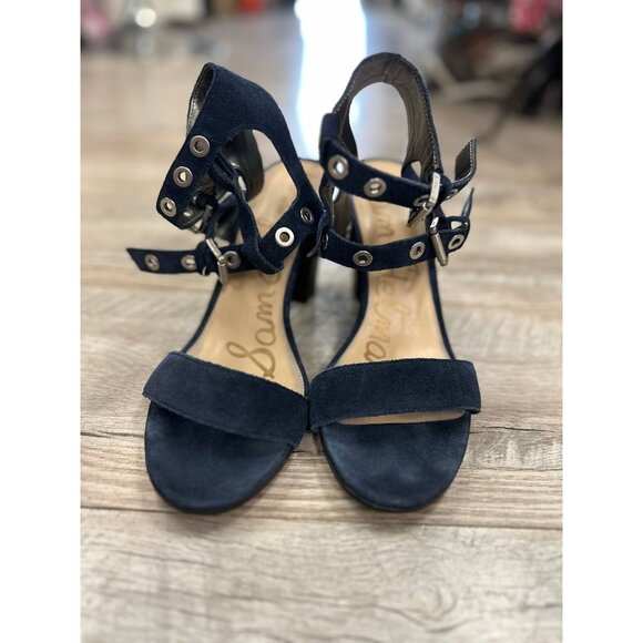 Sam Edleman Enya Navy Suede Grommet Strap Block Heels in Size 9.5 - Picture 4 of 6
